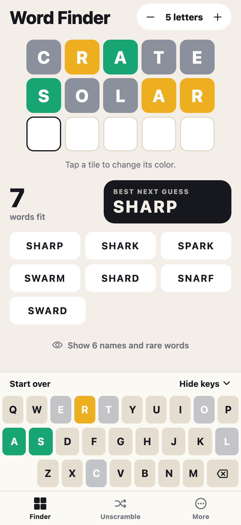 Word Finder Pro listing the words that fit two guesses