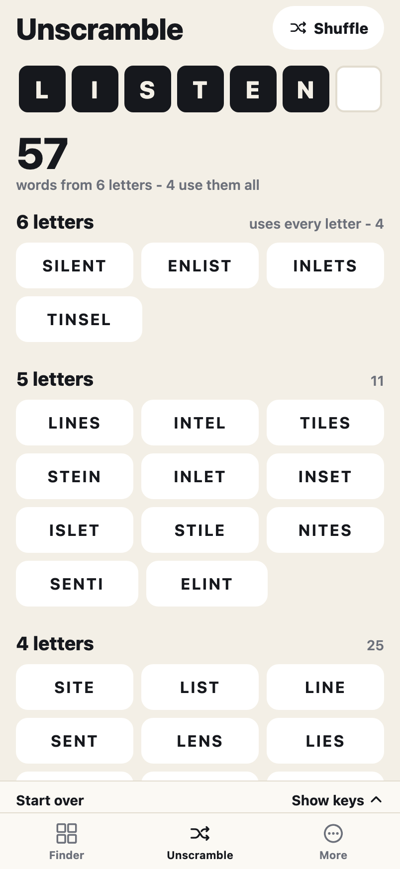 The Unscramble tool listing words made from the letters L I S T E N