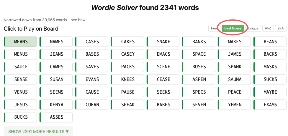 Wordle Solver Best Guess feature sorting remaining candidate words