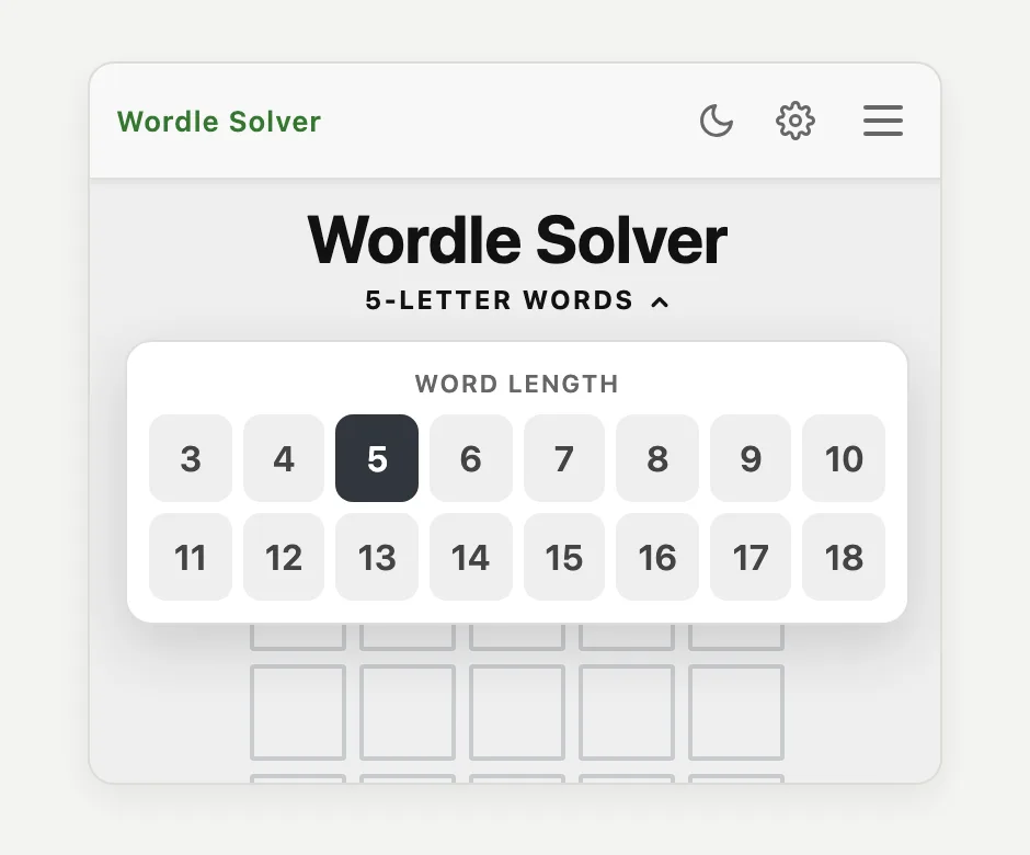 The word length menu open on a phone, showing buttons for 3 to 18 letters with 5 highlighted