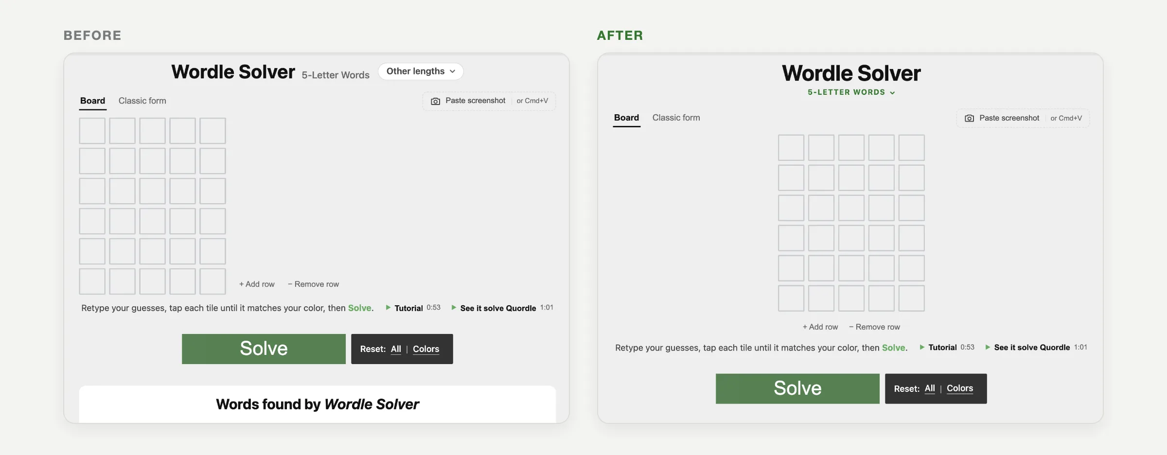 Wordle Solver at tablet width. Before: centered title but a left-aligned board with the row buttons beside it. After: title, board, row buttons and Solve all centered in one column