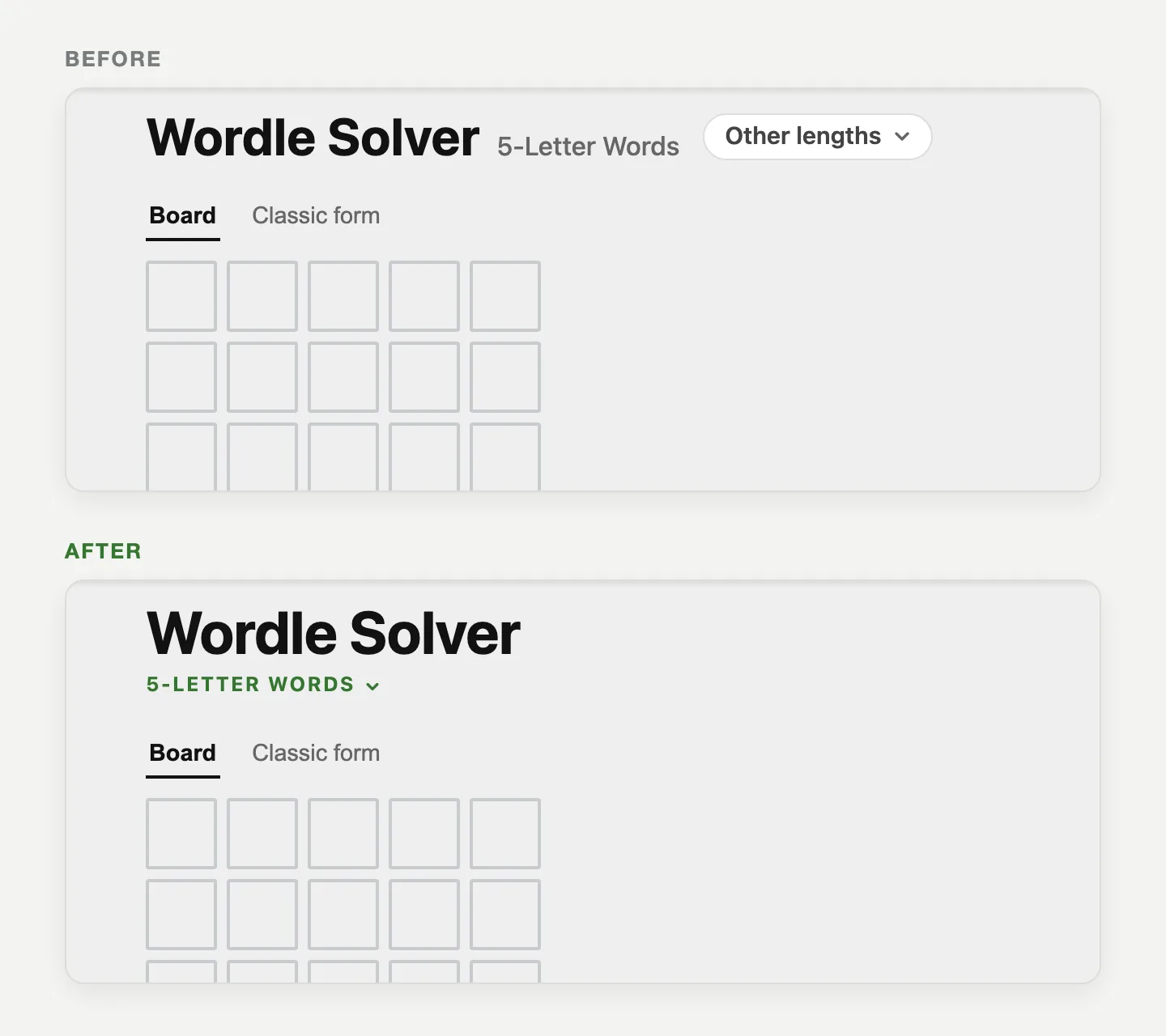 Wordle Solver on a computer. Before: Wordle Solver, 5-Letter Words and an Other lengths button side by side. After: Wordle Solver with a green 5-LETTER WORDS label under it