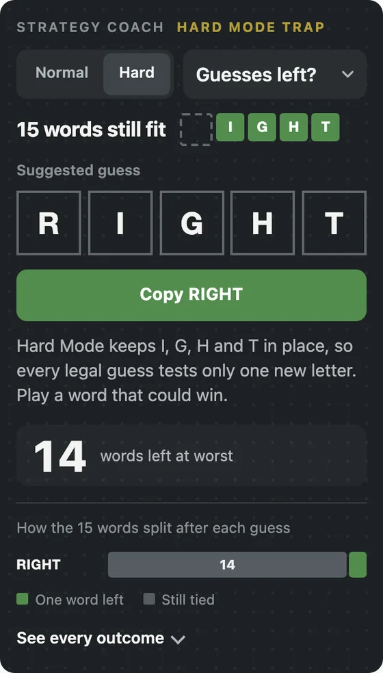 Strategy Coach on a phone in dark mode, Hard Mode selected: a Hard Mode trap message suggesting RIGHT, with 14 words left at worst