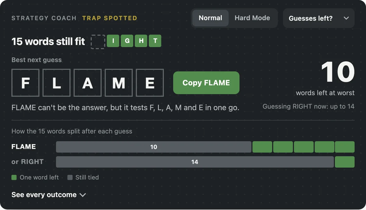 Strategy Coach panel: 15 words still fit _IGHT. Best next guess FLAME, 10 words left at worst, compared with up to 14 after guessing RIGHT